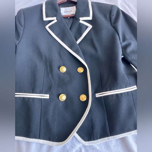 FRAME Contrast-Trim Double-Breasted Blazer Women 10 Black White Wool Sailor gold - Picture 7 of 16